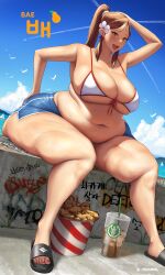 1girls areolae asian_female bae_(toroboro) bbw belly big_belly big_breasts bikini bottom_heavy breasts drink fat_girl fat_rolls fried_chicken graffiti logo_parody obese sandals shorts yeoubul