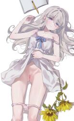 alicecrazy bare_shoulders blue_bow blue_eyes bow breasts bright_pupils censored cleavage clothes_lift cropped_legs dress dress_lift female flower grey_hair hair_between_eyes highres light_smile long_hair looking_at_viewer lying medium_breasts mole mole_under_eye mosaic_censoring notebook on_back original parted_bangs pencil pussy single_off_shoulder sunflower wavy_hair white_dress white_pupils