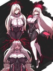 absurdres armored_core armored_core_6 ayre_(armored_core_6) black_bodysuit bodysuit bouncing_breasts breasts covered_navel female hair_over_one_eye hand_on_own_chest heart heart-shaped_pupils highres holding_hands huge_breasts implied_sex leaning_forward long_hair pink_hair pov pov_hands red_eyes smile sweat symbol-shaped_pupils umauma veins veiny_hands wide_sleeves