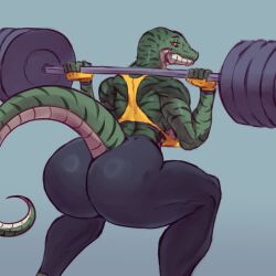 1girls anthro big_ass big_breasts big_butt dinosaur drasai exercise gym gym_clothes lizard looking_at_viewer looking_back saidra