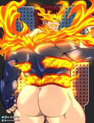 1boy absurdres artist_name ass back_view bara bara_ass barazoku big_ass big_ass_(male) big_butt boku_no_hero_academia bubble_ass bubble_butt dilf endeavor_(my_hero_academia) enji_todoroki fat_ass fat_butt fiery_beard fiery_clothing fingerless_gloves fire gloves hasout_b highres huge_ass huge_butt large_ass large_butt logo looking_at_viewer looking_back male_focus male_only manly mask massive_ass massive_butt mature_male muscular muscular_ass muscular_back muscular_butt muscular_male my_hero_academia no_pants plump_ass plump_butt red_hair round_ass round_butt short_hair simple_background spandex suit thick_ass thick_butt tight_clothes twitter_username