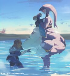 1boy1girl anthro bamboo_ale belly breath_of_the_wild fat fat_rolls gaddison holding_belly huge_belly huge_thighs link_(breath_of_the_wild) pond ssbbw the_legend_of_zelda the_legend_of_zelda:_breath_of_the_wild thighs zora