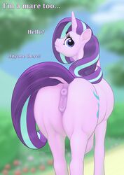 1girls 2019 animal_genitalia animal_pussy anus arareroll ass big_ass butt cutie_mark dat_ass dialogue english_text equid equine equine_pussy eyelashes female female_only feral friendship_is_magic fur furaffinity hasbro highres horn horse looking_at_viewer looking_back mammal mane mare multicolored_mane multicolored_tail my_little_pony nude purple_fur pussy rear_view solo starlight_glimmer tail text thick_thighs unicorn wide_hips