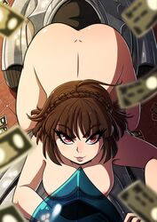 1girls ass big_breasts bike brown_hair casual female female_only human implied_prostitution johanna_(persona) kinkymation looking_at_viewer makoto_niijima money motorcycle nude nude_female nudist pale_skin persona persona_(species) persona_5 red_eyes short_hair vehicle