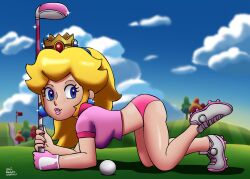 1girls all_fours bent_over big_ass big_breasts blonde_hair blue_eyes breasts busty come_hither crown female female_only from_side gloves golf hanging_breasts highres large_breasts legs long_hair madeinhenri mario_(series) mario_golf midriff nintendo panties parted_lips pink_lips pink_panties ponytail pose posing princess princess_peach sensual shirt shoes sideboob smile solo thighs underwear