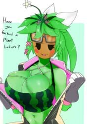 1girls bare_shoulders blaster_master blaster_master_zero blaster_master_zero_2 blush bodysuit breasts cleavage clothed color eyes_half_open female female_only flower green_hair green_skin huge_breasts kanna_(blaster_master) looking_at_viewer mob_face open_mouth plant_girl plantie smirk solo solo_female talking_to_viewer text undressing unzipped_bodysuit watermelon_bra watermelon_nets