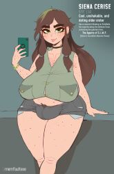 1girls big_breasts breasts brown_hair caption choker fat_pussy female freckles_on_face green_eyes memfaultexe oc original_character phone puffy_pussy sagging_breasts shorts tagme text thick_thighs