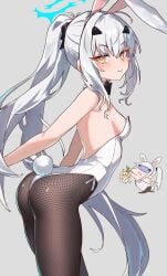 1girls ass breasts bunny_ears bunny_girl bunnysuit ebora fate/grand_order fate_(series) female fishnets hi_res highleg_leotard leotard light-skinned_female light_skin long_hair melusine_(fate) naughty_face petite petite_body small_breasts smile tights white_hair youngmanisdown