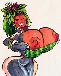 artist_request blaster_master blaster_master_zero blaster_master_zero_2 bodysuit color dark_skin green_hair hand_drawn kanna_(blaster_master) light_skin mob_face nose plant_girl plantie solo source_request unzipped_bodysuit watermelon_bra wide_hips wink