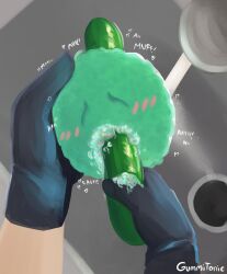 blush cucumber gloves moaning object objectophilia scrub_daddy scrub_daddy_(brand) sexually_suggestive simulated_fellatio soap_bubbles suggestive ultran3rd