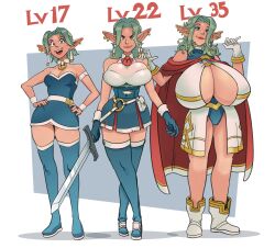 1girls age_progression big_breasts bimbofication boob_window breasts elf elf_ears huge_breasts oc storknaked transformation transformation_sequence translucent_clothing