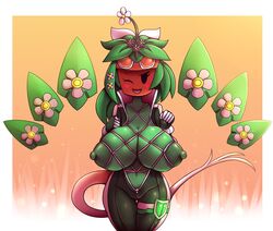 1girls big_breasts blaster_master blaster_master_zero blaster_master_zero_2 blush bodysuit breasts clenched_fists color female flower green_hair green_skin kanna_(blaster_master) looking_at_viewer metachoke mob_face one_eye_closed plant_girl plantie smile solo unzipped_bodysuit watermelon_nets wink