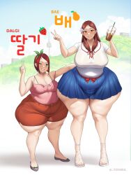 2girls asian asian_female bae_(toroboro) barefoot bbw belly big_belly big_breasts bottom_heavy breasts dalgi_(toroboro) drink fat_rolls multiple_girls obese sandals skirt yeoubul