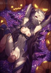 1boy arms_up bat breasts clitoris closed_mouth clothed_sex female fire_emblem fire_emblem_if grabbing halloween hands happy_sex highres legs_up long_hair lying medium_breasts navel nintendo nipples nude nyx_(fire_emblem) on_back penis pumpkin purple_hair pussy red_eyes sex smile spread_legs straight tostantan uncensored