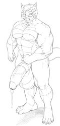 1boy balls big_balls big_penis canid canine canis dragon flexing hi_res humanoid_penis jin_(jindragowolf) jindragowolf lizard male male_only mammal monochrome muscular penis precum reptile scalie smile smirk solo wolf