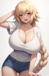 1girls ai_generated booty_shorts breasts casual_clothes cleavage fate/grand_order fate_(series) female hi_res huge_breasts jeanne_d'arc_(fate) large_breasts light-skinned_female light_skin long_hair naughty_face shirt short_shorts shorts smile stable_diffusion thick_thighs wide_hips