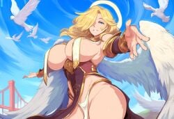 ai_generated angel angel_girl angel_wings blonde_hair blue_eyes breast_curtains divine_slut dove female heaven huge_breasts looking_at_viewer mature_female novelai original pelvic_curtain welcoming