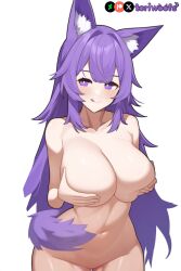 1girls ai_generated blush breast_grab breast_hold breast_lift breasts breasts breasts_out curvy cute dog_ears dog_girl doggirl female female_only highres hips huge_breasts kemonomimi light_skin light_skinned_female long_hair patreon_username petgirl petite purple_ears purple_eyes purple_hair purple_tail pussy slit standing thick_thighs thighs tongue tongue_out tori toriwoofs watermark wide_hips wolf_ears