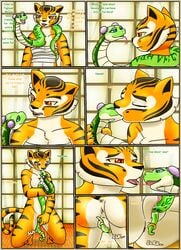 anthro breasts comic dreamworks duo english_text felid female french_kissing half-closed_eyes hi_res kissing kung_fu_panda livinlovindude mammal master_tigress master_viper open_mouth pantherine pussy reptile scalie size_difference snake text tiger viper_(species)