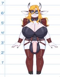 2024 alternate_version_at_source anthro balls big_balls big_breasts big_penis biped blonde_hair blue_eyes bovid bovid_horn bovine_ears bovine_horn breasts chart clothing colored_nails dominatrix genitals gynomorph hair height_chart horn humanoid_genitalia humanoid_penis intersex lapinbeau leather leather_clothing mammal nails penis smile solo