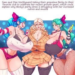 3girls becky_northgard belly_button blonde_hair blue_hair bra_cups_sticking_out bra_strap breasts cutoffs female female_only fishnets garter_straps gilf grandmother grandmother_and_granddaughter huge_breasts maxine_northgard n647 nipple_bulge original original_character pierced_nipples ponytail samantha_northgard sisters stockings teal_hair thick_thighs twins wide_hips wink