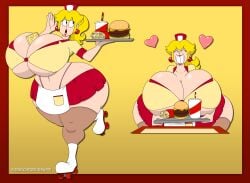 1girls ass_bigger_than_head ass_bigger_than_torso breasts_bigger_than_head burger bursting_breasts bursting_butt comical_weapon enormous_ass enormous_breasts fast_food fast_food_uniform grin hyper hyper_ass hyper_breasts hyper_hips hyper_thighs long_hair looking_at_viewer mario_(series) princess_peach solo_female tagme thick_thighs wide_hips