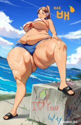 1girls asian_female bae_(bamboo_ale) bae_(toroboro) bamboo_ale bbw belly big_breasts bra breasts fat_girl fat_rolls fat_thighs graffiti huge_thighs obese sea shorts sweat sweating text thighs