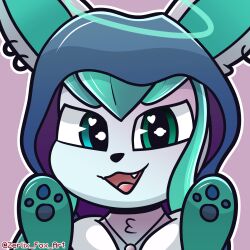 clothing collar ear_piercing ear_ring ears_up eeveelution feral generation_4_pokemon glaceon glowing glowing_eyes happy hi_res hood icon male nintendo paws piercing pokemon pokemon_(species) ring_piercing solo sweater topwear white_body zerlix_fox