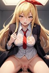 ai_generated artist_request blonde_hair cowgirl_position female_focus golden_eyes lemon_irvine male_pov mashle open_coat penis_in_pussy red_tie riding_penis