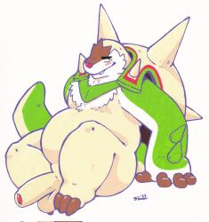 2023 anthro balls biped blush chesnaught erection foreskin fur generation_6_pokemon genitals green_body hi_res looking_at_viewer male nintendo penis pokemon pokemon_(species) raburigaron sitting sitting_on_ground slightly_chubby smile solo white_body white_fur