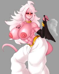 1girls abs android_21 athletic_female blush blushing_at_viewer dragon_ball dragon_ball_fighterz dragon_ball_super dragon_ball_z female fit_female full_body katsuu_nsfw large_breasts majin_android_21 muscular_arms muscular_female pink_skin steaming_body tail white_hair