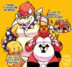 2024 anthro balls bandai_namco biped bowser dialogue digimon digimon_(species) duo genitals guilmon hair half-erect hi_res koopa male male_only mario_(series) nintendo orange_background orange_body penis raburigaron red_body red_hair scalie simple_background white_body