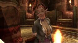 3d animated bra breasts brown_hair cleavage dark_skin earrings female jewelry large_breasts lips looping_animation nintendo no_sound pointy_ears ponytail tagme telma the_legend_of_zelda the_legend_of_zelda:_twilight_princess thick_lips twilight_princess underwear video