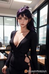 1girls ai_generated artist_upload black_dress cleavage detailed dress female female_only front_view high_quality jujutsu_kaisen long_hair looking_at_viewer medium_breasts no_bra no_bra_under_clothes office office_lady plunging_neckline purple_hair sarahvividart scar scar_on_face seductive self_upload solo standing thin_waist utahime_iori