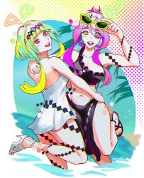 2girls andrich_galam beach colored_eyelashes dancing dress figue figue_(soul_hackers) green_hair halftone halftone_background heart_(symbol) heels highres hugging_each_other in_water leg_up multicolored_eyes multicolored_hair multiple_girls ocean palm_tree purple_eyes purple_hair rainbow_eyes ringo_(soul_hackers) sandals short_hair_with_long_locks sky soul_hackers_2 sundress sunglasses tree triangle two-tone_hair waves
