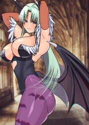 1girls akisu_k armpits arms_behind_head ass bat_wings big_breasts breasts busty capcom cleavage confident darkstalkers demon_girl from_side green_hair half-closed_eyes head_wings highres large_breasts legs leotard long_hair looking_at_viewer morrigan_aensland pose posing purple_eyes seductive_gaze seductive_smile sensual smile succubus succubus_costume succubus_wings thick_thighs thighs wings