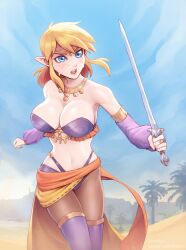 1girls alternate_costume armlet bikini blonde_hair blue_eyes blue_sky boots breasts brellom circlet cleavage cosplay day desert detached_sleeves female female_only fighting_stance freckles fully_clothed genderswap genderswap_(mtf) harem_outfit highleg highleg_bikini highres holding holding_sword holding_weapon impossible_clothes jewelry large_breasts left-handed link link_(shounen_captain) necklace nintendo open_mouth pantyhose purple_bikini purple_footwear purple_sleeves revealing_clothes ring rule_63 sarong serena_(dq11)_(cosplay) sheikah sky solo strapless strapless_bikini sweat swimsuit sword teeth the_legend_of_zelda the_legend_of_zelda:_a_link_to_the_past thigh_boots thighhighs upper_teeth_only weapon