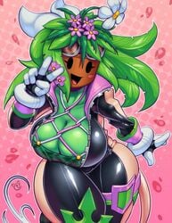 big_breasts blaster_master blaster_master_zero blaster_master_zero_2 bodysuit breasts cleavage color female female_only flower happy kanna_(blaster_master) mob_face open_mouth plant_girl plantie smile solo teckworks thick_thighs unzipped_bodysuit v watermelon_bra watermelon_nets