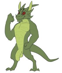 2017 abs anthro balls biceps colored_sketch demon digitigrade horn humanoid_penis jackie_chan_adventures kobold korichi male male_only muscular muscular_male penis red_eyes scalie shendu simple_background solo standing uncut white_background