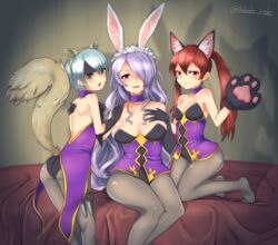 3girls angry animal_ears animal_tail bare_back bare_shoulders bareback barefoot bed beruka_(fire_emblem) blue_hair blush bunny_costume bunny_ears bunny_girl bunny_suit bunnysuit camilla_(fire_emblem) camilla_(spring)_(fire_emblem) cat_ears cat_girl cat_paws choker cleavage fire_emblem fire_emblem_fates fire_emblem_heroes fire_emblem_if grey_eyes hand_on_another's_shoulder hand_on_breast happy headband kneeling knife kunai large_breasts leggings long_hair official_alternate_costume on_bed open_mouth pantyhose princess purple_eyes purple_hair red_eyes red_hair selena_(fire_emblem_fates) short_hair shy silver_hair sitting small_breasts smile squirrel_ears squirrel_tail squirrelgirl standing twintails