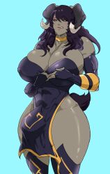 anthro black_hair blue_eyes bulge furry futa_only futanari gold_armband gold_necklace grey_fur horns large_breasts original original_character ram red_eyeshadow red_lipstick short_tail solace_(elementalspec_8) tenchizone