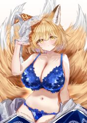 1girls animal_hat blonde_hair blue_bra bra breasts cleavage collarbone commentary_request female fox_girl hat highres kemonomimi kitsune kyuubi lace lace-trimmed_bra lace-trimmed_panties lace_trim large_breasts looking_at_viewer mature_female multiple_tails panties ran_yakumo sarasadou_dan simple_background slit_pupils solo tail tails touhou underwear white_background yakumo_ran yellow_eyes