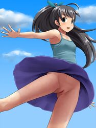 1girls black_hair blue_eyes censored clothing female ganaha_hibiki highres idolmaster long_hair no_panties open_mouth original ponytail pussy shaved_pussy skirt spread_legs standing teenage tsupan upskirt