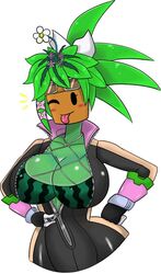 blaster_master blaster_master_zero blaster_master_zero_2 blush bodysuit color green_skin hand_on_hip happy kanna_(blaster_master) mob_face plant_girl plantie playful simple_background smile solo teasing tongue_out unzipped_bodysuit unzipping watermelon_bra watermelon_nets white_background wink