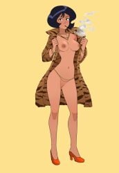 1girls 2020 alex_(totally_spies) black_hair casual cigarette cigarette_holder commission dark-skinned_female dark_skin digital_media_(artwork) exhibitionism female footwear fur_coat heels human jewelry outerwear pinup rodjim smoking solo topless totally_spies uncensored