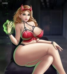 1girls amora_the_enchantress ass big_breasts blonde_hair breasts cleavage enchantress_(marvel) female female_only flowerxl green_eyes horn large_breasts legs_crossed light-skinned_female light_skin looking_at_viewer marvel marvel_comics panties pink_lipstick red_nails sitting solo thick_thighs thor_(series) voluptuous wide_hips