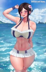 1girls bare_arms bare_legs bare_shoulders bare_thighs big_breasts bikini bikini_bottom bikini_top black_hair blush clothed clothing color dayby female female_focus female_only final_fantasy final_fantasy_vii final_fantasy_vii_rebirth final_fantasy_vii_remake hi_res large_breasts light-skinned_female light_skin long_hair looking_at_viewer red_eyes solo solo_female square_enix swimsuit tagme thick_thighs tifa_lockhart water