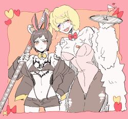 2girls big_breasts bikini black_bikini black_hair blonde_hair blush bowtie bunny_ears bunny_girl canon_genderswap chest_tattoo cimazu2 cleavage detached_collar donquixote_rosinante female female_only genderswap_(mtf) height_difference jacket katana lipstick makeup off_shoulder one_piece playboy_bunny rabbit_ears rabbit_girl red_lipstick rule_63 scars short_hair short_shorts shorts sword tattoo tattoos trafalgar_law trafalgar_law_(female) underboob yuri