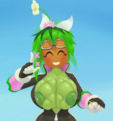 artist_request big_breasts blaster_master blaster_master_zero blaster_master_zero_2 bodysuit breasts color female female_only kanna_(blaster_master) lactating lactation large_areolae plant_girl plantie smile solo source_request unzipped_bodysuit watermelon_nets