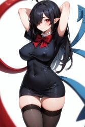 ahoge ai_generated arms_behind_head asymmetrical_wings black_dress black_hair black_thighhighs bow bowtie breasts covered_navel covered_nipples dress female hair_over_one_eye highres houjuu_nue large_breasts long_hair looking_at_viewer pointy_ears red_bow red_bowtie red_eyes self-upload short_sleeves simple_background smile solo solo_focus thigh_gap thighhighs thighs touhou white_background wings wombat9043